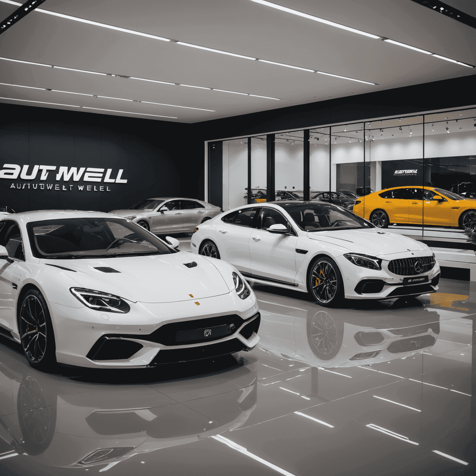 Showroom von AutoWelt_Premium mit exklusiven Neuwagen und Gebrauchtwagen. Elegante Präsentation verschiedener Luxusfahrzeuge in einem modernen, hell beleuchteten Raum mit Glaswänden und polierten Metalloberflächen.