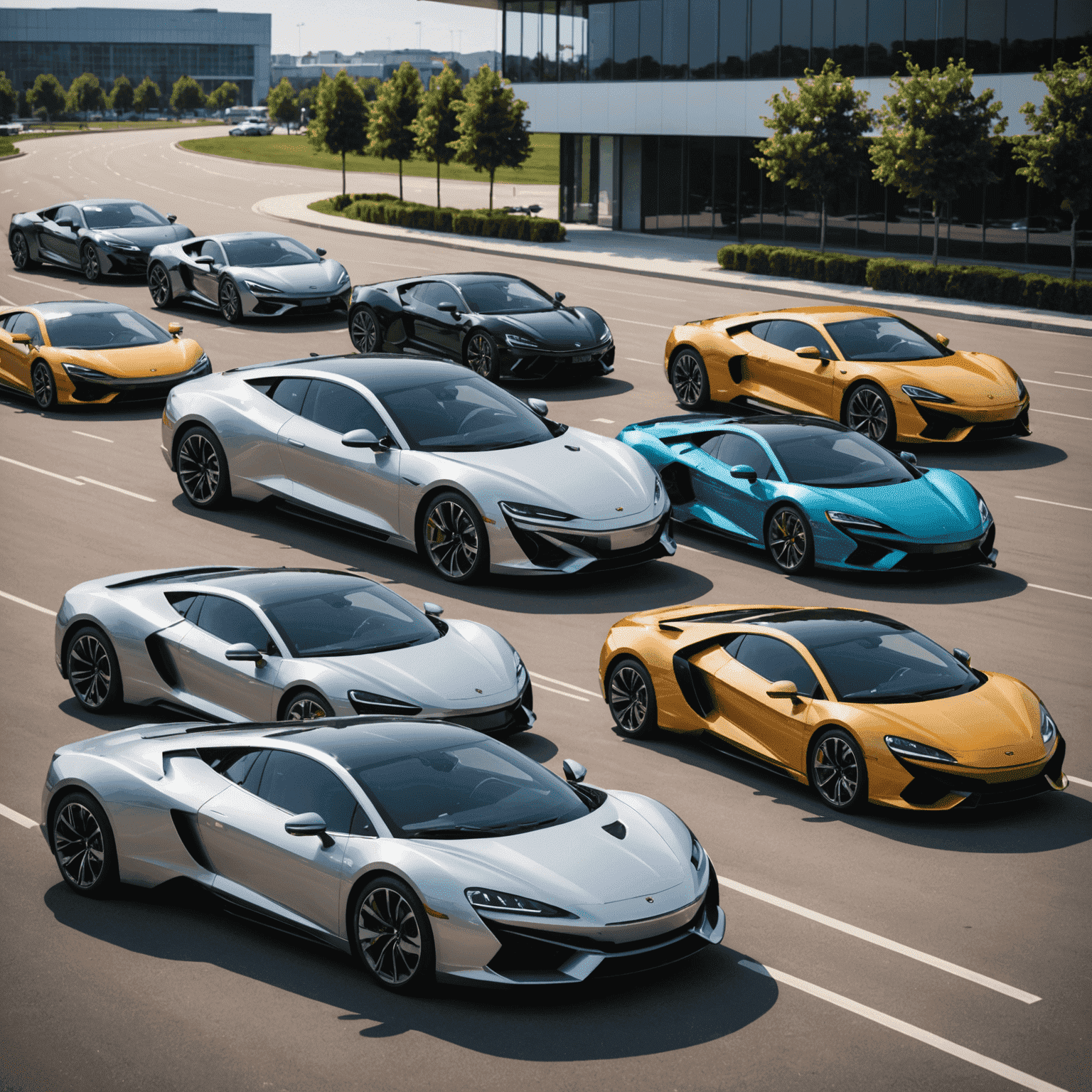 Verschiedene Luxusautos der neuesten Generation 2024, in einer Reihe aufgestellt, mit glänzenden Oberflächen und futuristischem Design