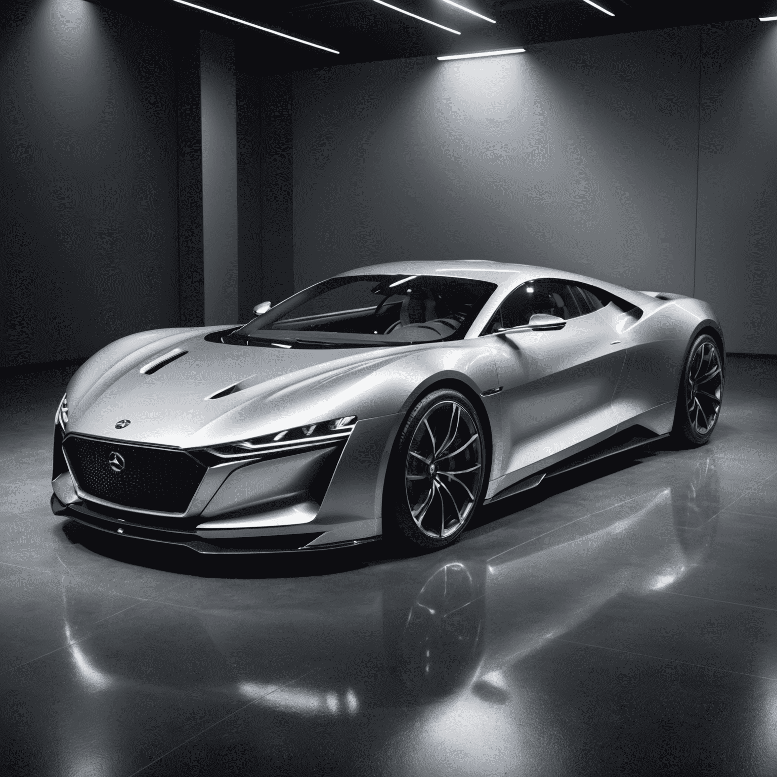 Neues Luxusauto 2024 Modell, aerodynamisches Design mit glänzender Karosserie in Silber, auf einer Ausstellungsfläche mit dramatischer Beleuchtung