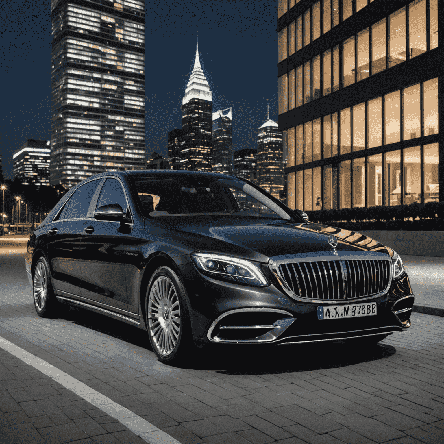 Mercedes-Benz S-Klasse Maybach in Anthrazit mit Chromdetails, fotografiert vor einer modernen Architektur bei Nacht