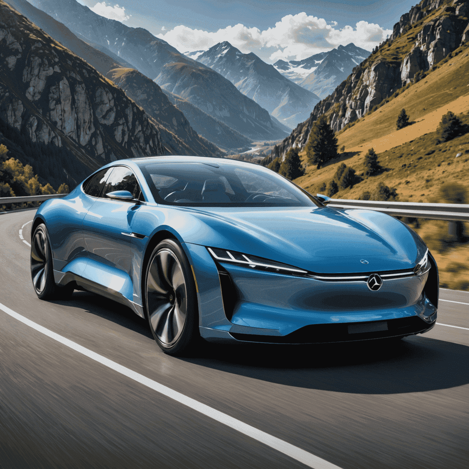 Ein hochmodernes, aerodynamisches Elektroauto der Oberklasse fährt auf einer kurvigen Straße durch eine beeindruckende Berglandschaft. Das Fahrzeug strahlt Eleganz und Fortschritt aus, mit glänzenden Chromakzenten und blauen LED-Lichtern.