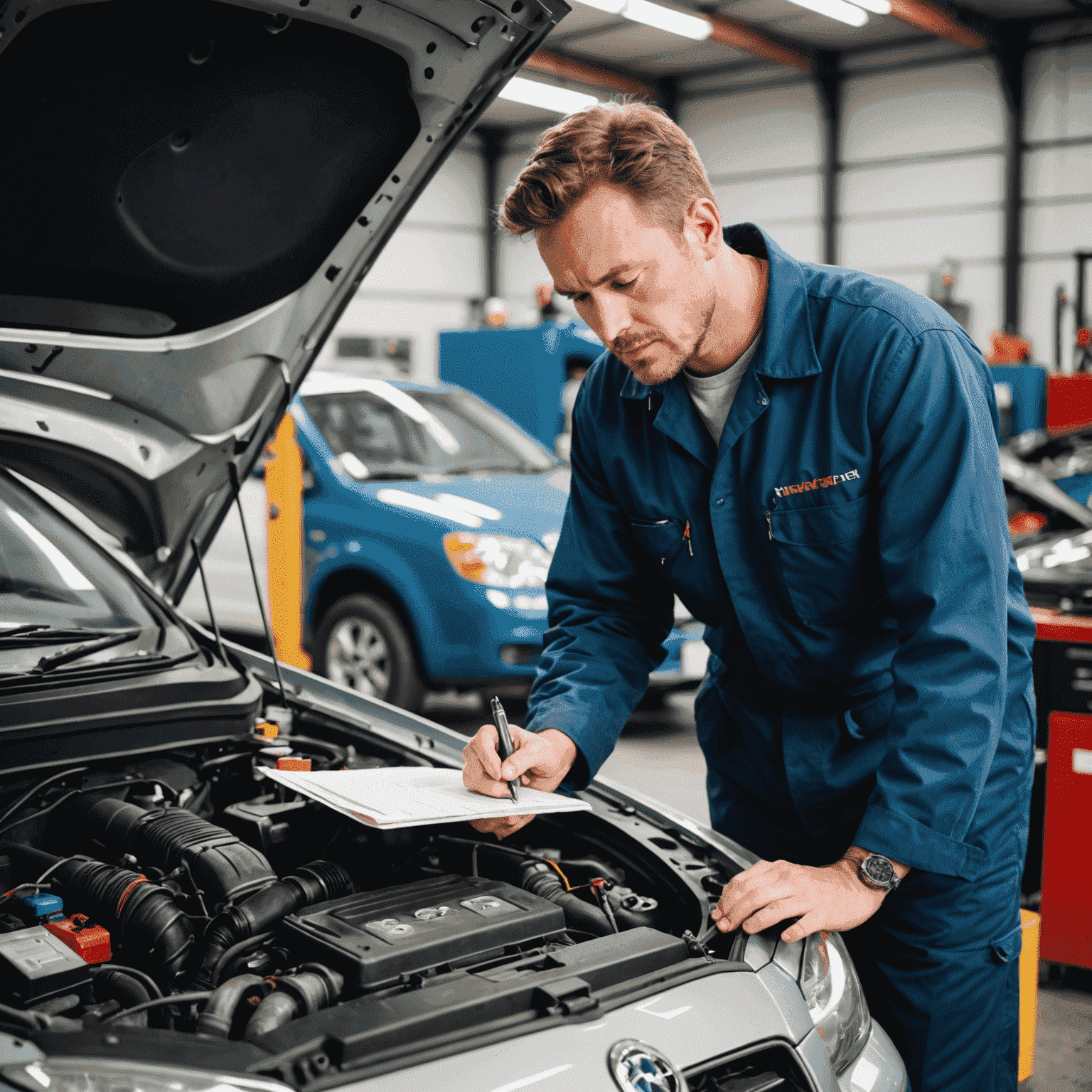 Ein Mechaniker, der einen Gebrauchtwagen gründlich untersucht, mit Fokus auf die Motorhaube und diagnostische Geräte