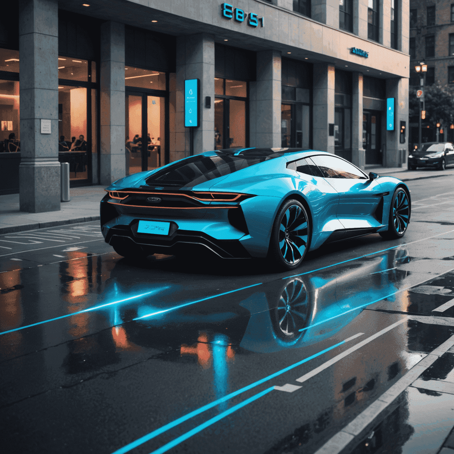 Futuristisches Elektro-Luxusauto mit leuchtenden blauen Akzenten, an einer Schnellladestation in urbaner Umgebung