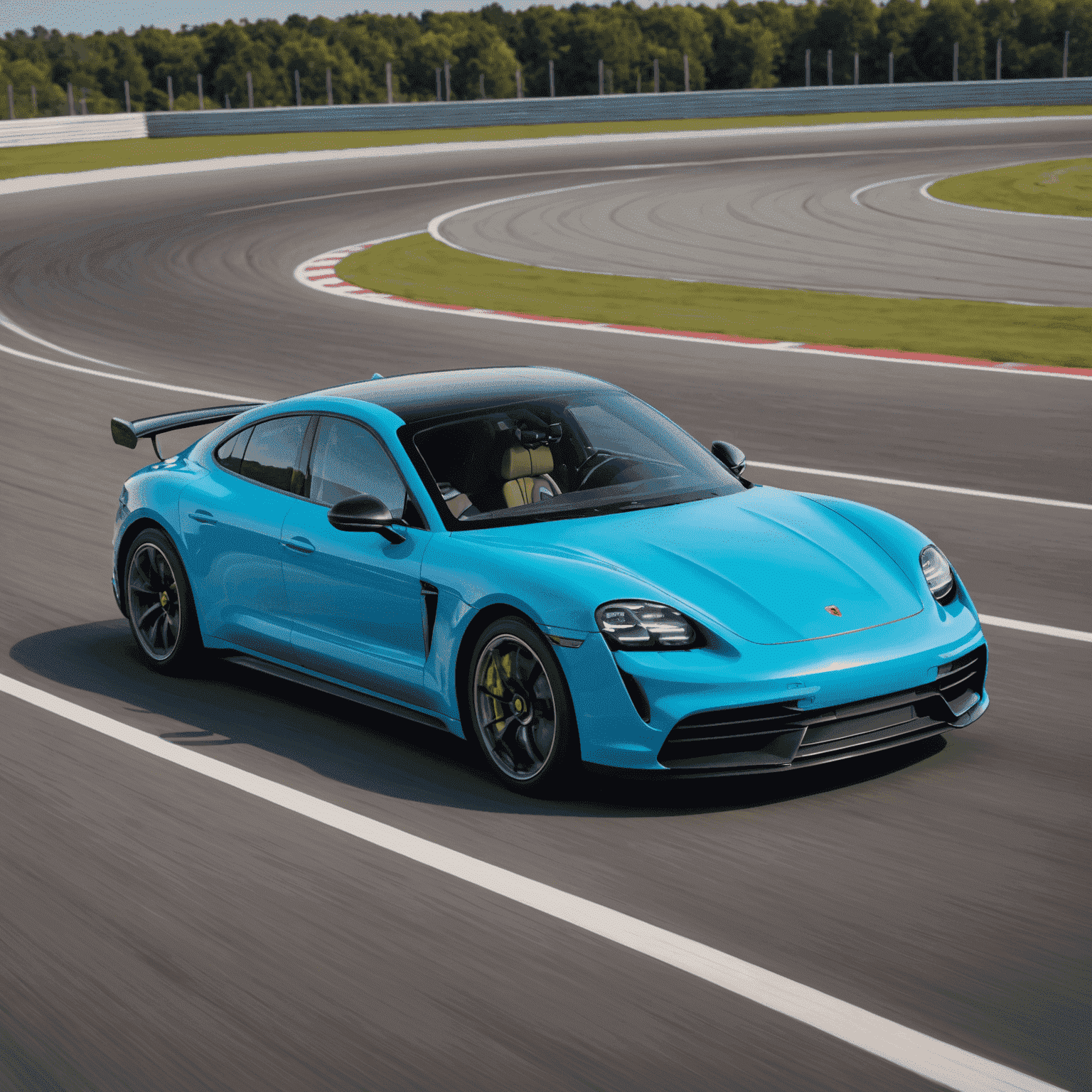 Porsche Taycan Turbo S in Eisblau, dynamisch auf einer Rennstrecke fotografiert