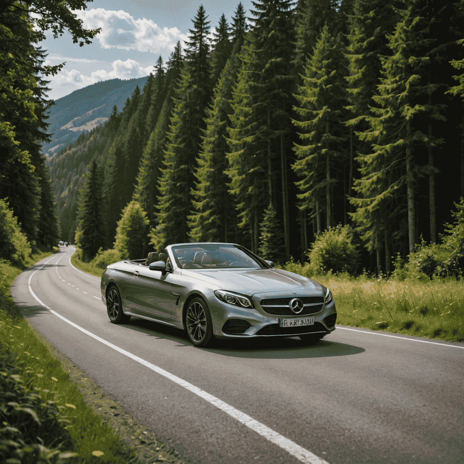 Elegantes Cabriolet auf der Schwarzwald-Hochstraße, umgeben von dichten Wäldern und spektakulären Aussichtspunkten