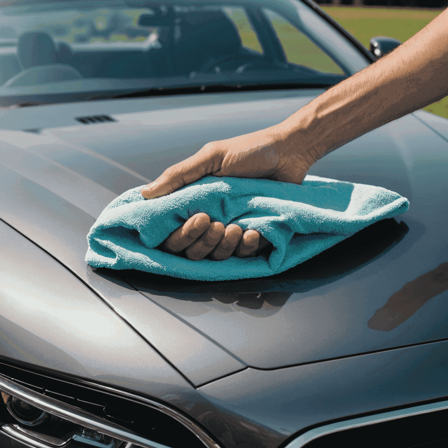 Detailaufnahme einer Hand, die mit einem Mikrofasertuch vorsichtig über die glänzende Oberfläche eines Luxusautos wischt