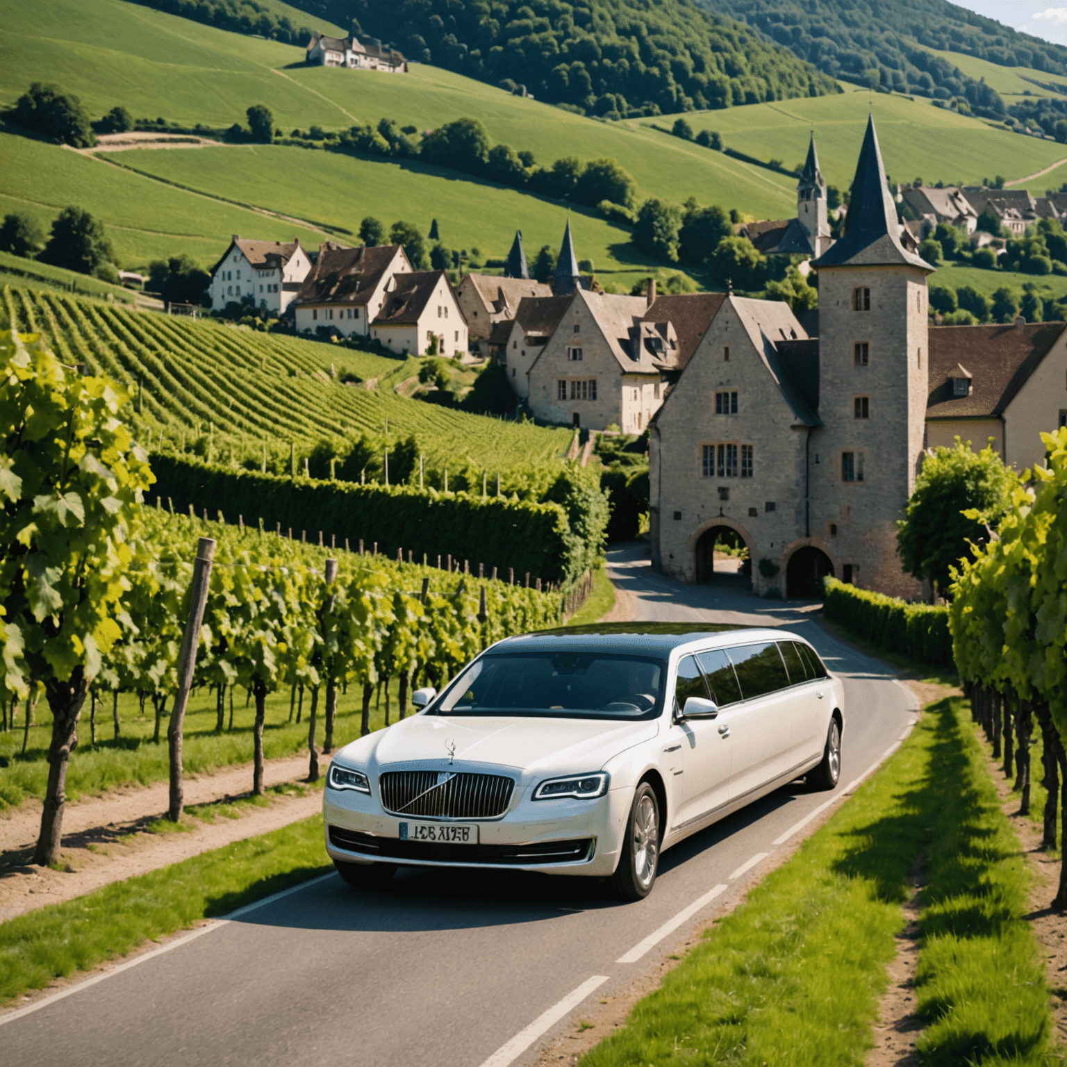 Luxuriöse Limousine gleitet entlang der Mosel-Weinstraße, vorbei an Weinbergen und malerischen Dörfern