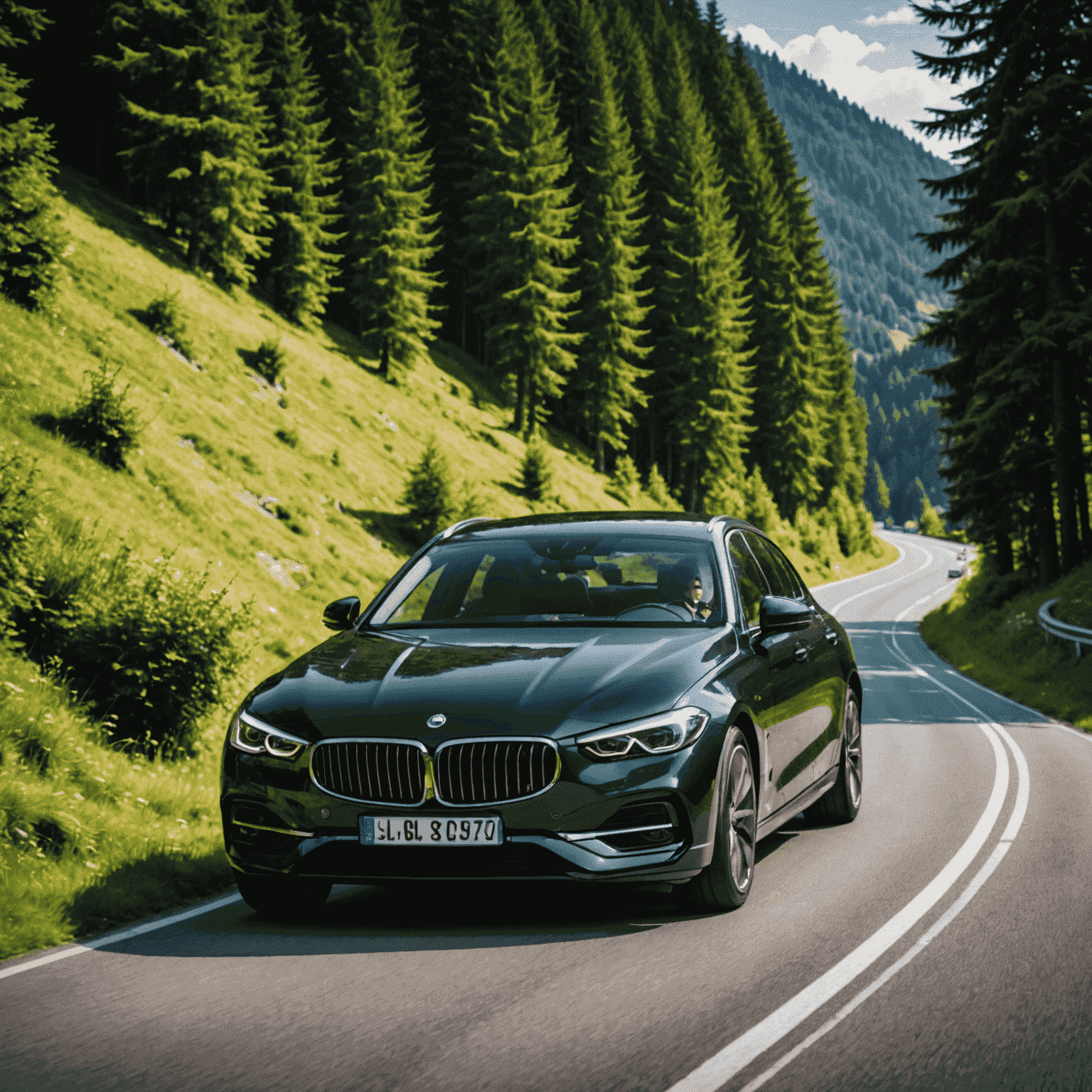 Luxusauto auf einer kurvenreichen Straße durch den Schwarzwald, umgeben von üppiger grüner Vegetation