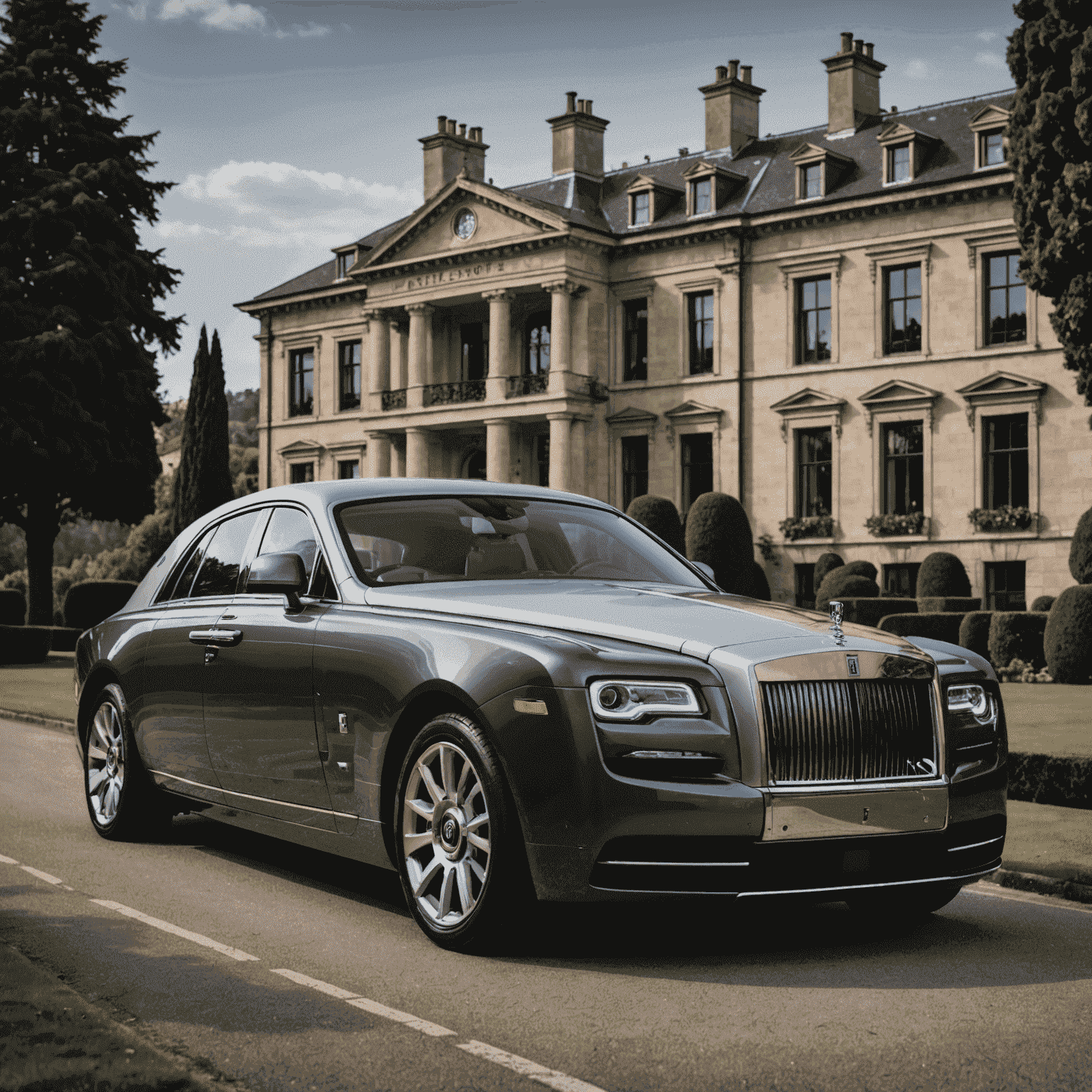 Rolls-Royce Spectre in Dunkelgrau, elegant positioniert vor einer klassischen Villa