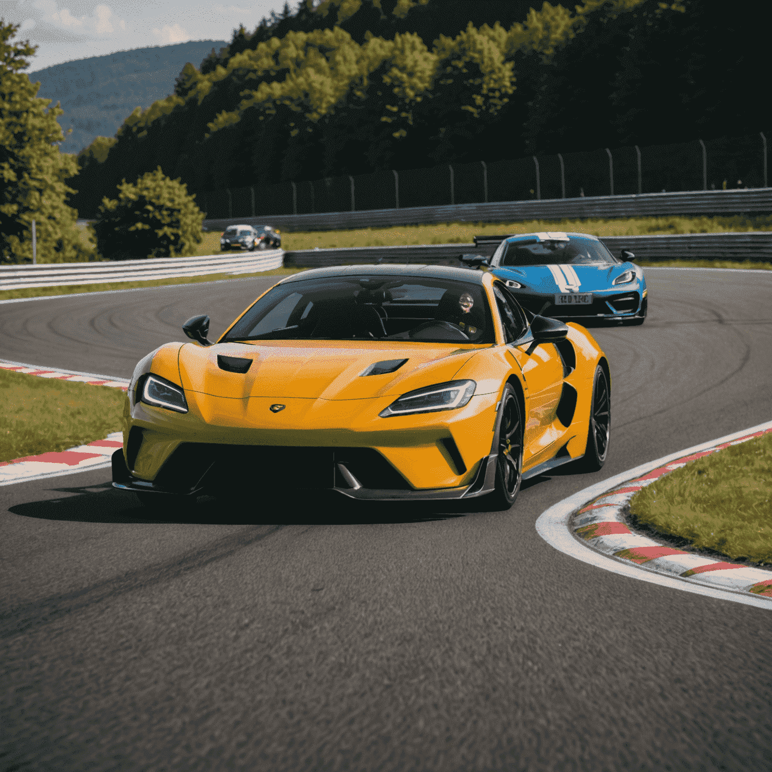Hochleistungs-Sportwagen auf der legendären Nürburgring Nordschleife, in voller Fahrt auf der anspruchsvollen Rennstrecke